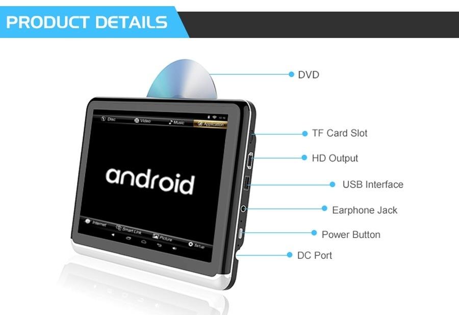 Elanmey 10.1inch android 6.0 car multimedia screen headrest monitor portable design car multifunctional video player with DVD