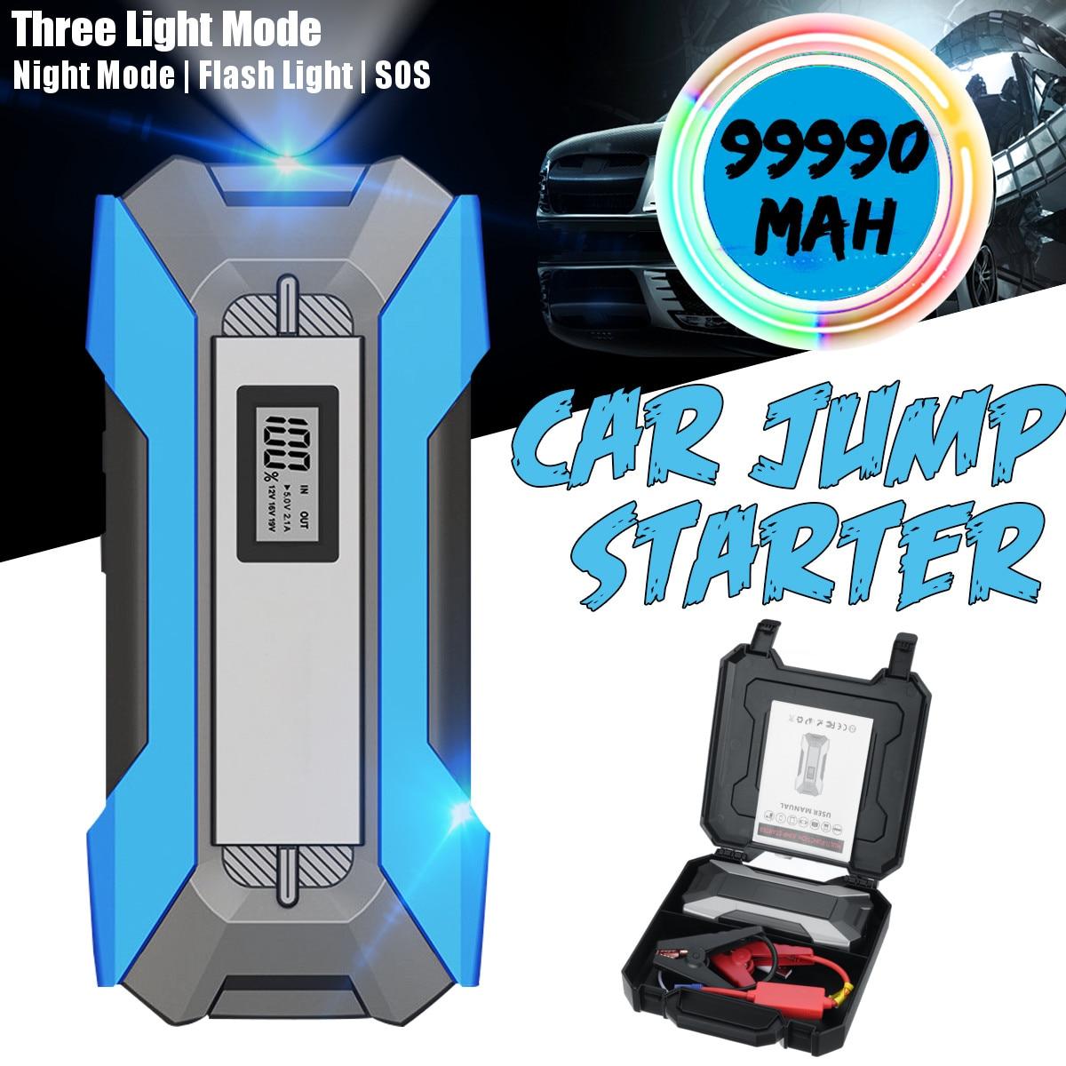 99990mAh 5 Ports Car Jump Starter Cars Battery Jumper 12V 3.0 Fast Charger 3 USB 2 Type-C Emergency Power Bank SOS LED Flashlig