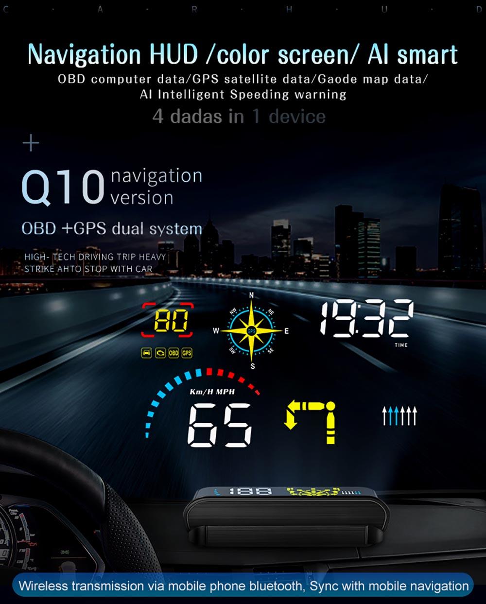 Vjoycar Q10 Newest Windshield HUD Projector with Navigation Car Head Up Display OBD2 HUD GPS Speedometer Water & Oil temp RPM
