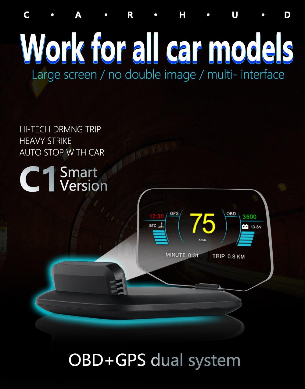 2020 Head Up Display OBD2 Car HUD Mirror Display C1 OBD2+GPS Dual Mode Car GPS Speedometer Overspeed Warning Faulty Code Scan