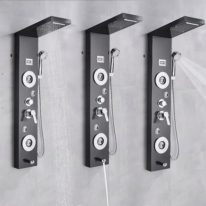 Black Nickel Shower Panel Rain Waterfall Temperature Display Shower Column Bathtub Shower System Bathroom Shower Faucet Mixer