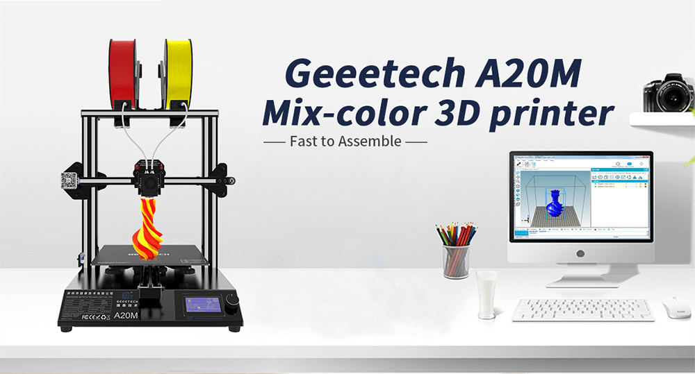 GEEETECH A20M 3D Printer 2 in 1 Mix-Color Printing Integrated Building Base & Dual extruder Design and Filament Detector