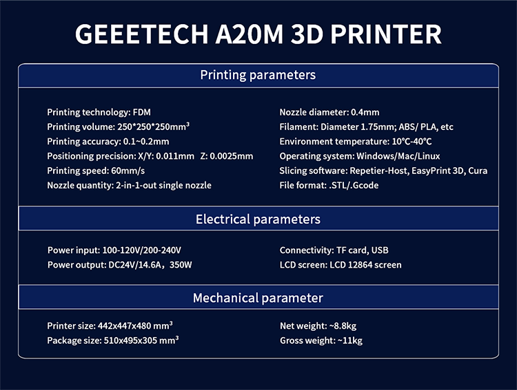 GEEETECH A20M 3D Printer 2 in 1 Mix-Color Printing Integrated Building Base & Dual extruder Design and Filament Detector