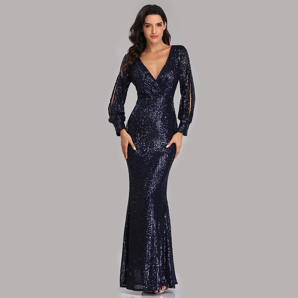 Evening Dress V Neck Mermaid Sexy Long Formal Prom Party Gown Full Sequins Long Sleeve Occasion Dress