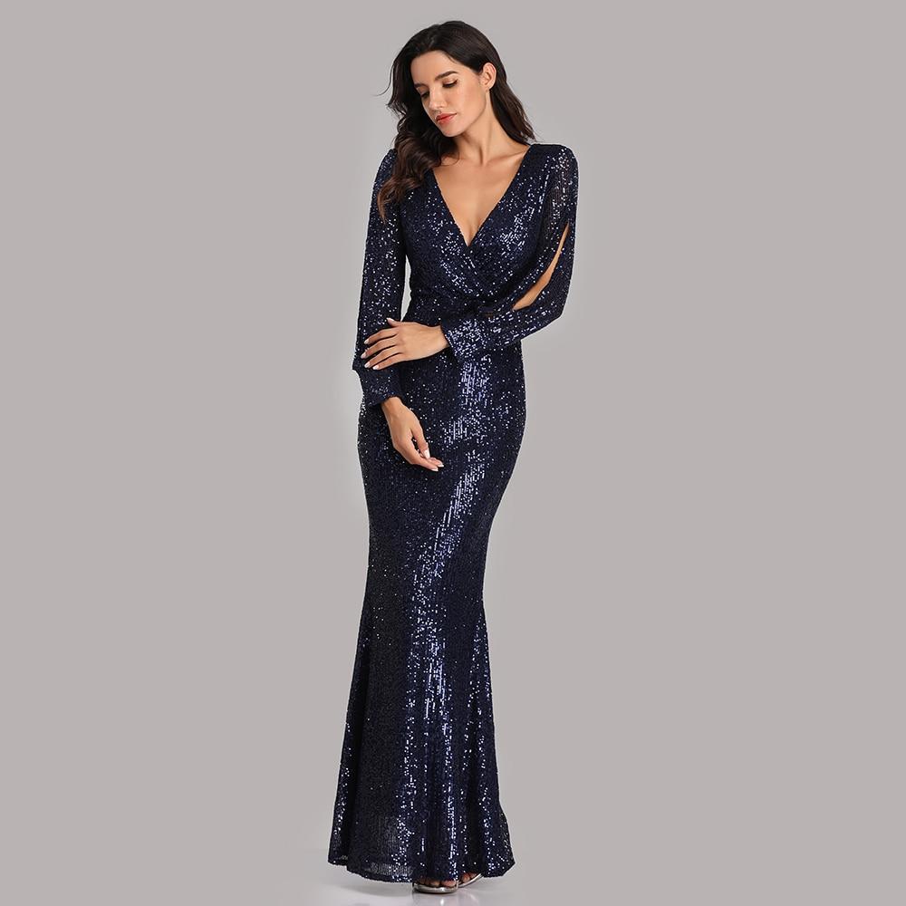 Evening Dress V Neck Mermaid Sexy Long Formal Prom Party Gown Full Sequins Long Sleeve Occasion Dress