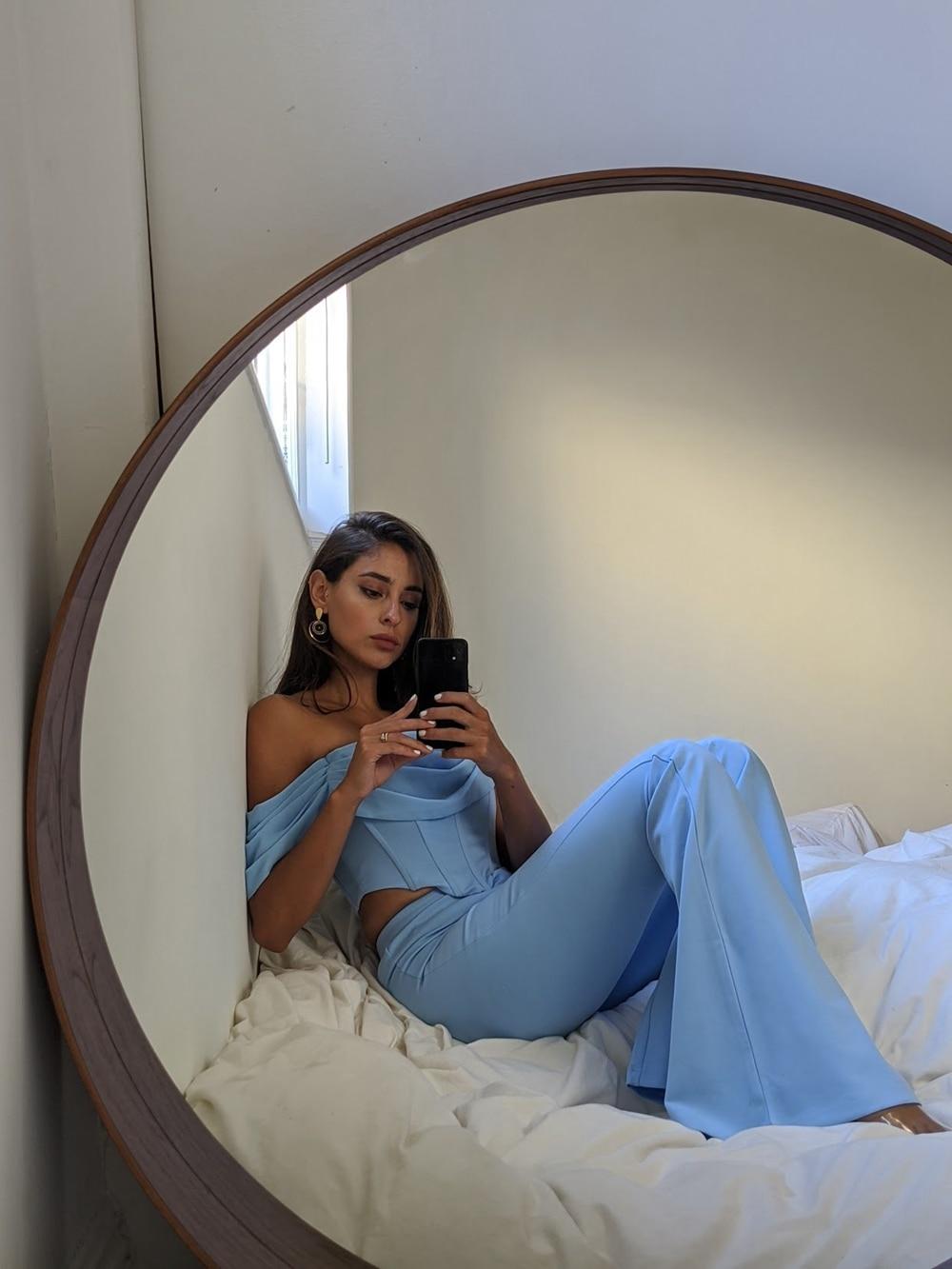 Deer Lady 2 Piece Set Women Summer 2020 Blue Crop Tops Bodycon High Waist Pants Long Wide Leg Pants Set Club Party