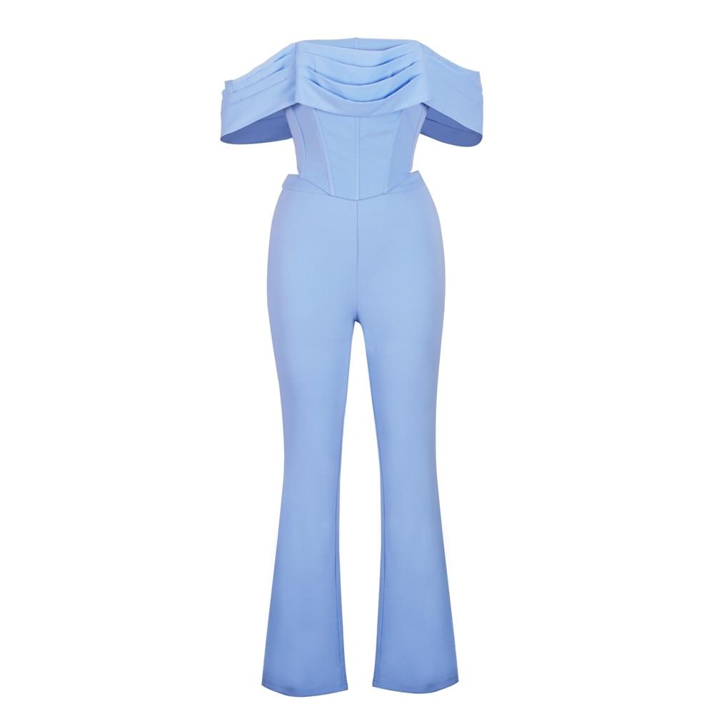 Deer Lady 2 Piece Set Women Summer 2020 Blue Crop Tops Bodycon High Waist Pants Long Wide Leg Pants Set Club Party