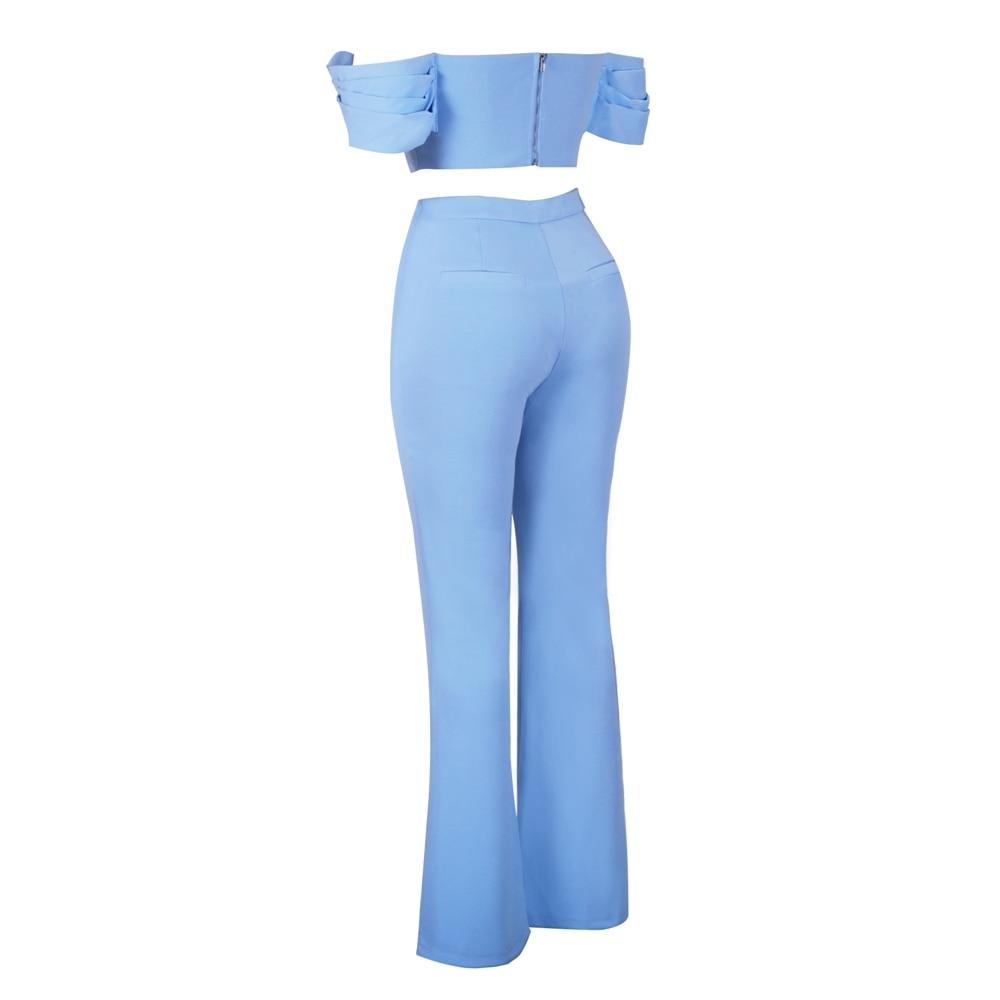 Deer Lady 2 Piece Set Women Summer 2020 Blue Crop Tops Bodycon High Waist Pants Long Wide Leg Pants Set Club Party