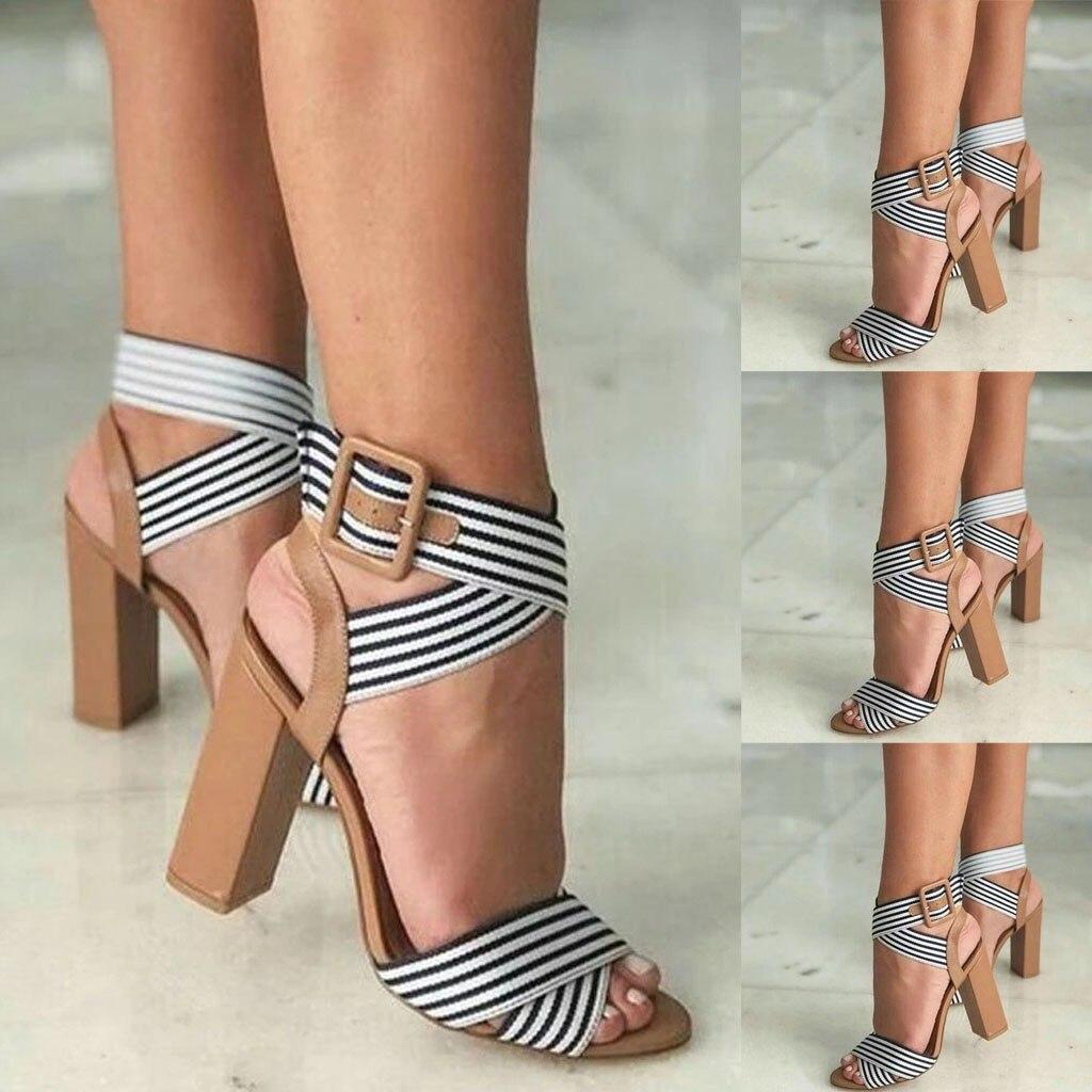 Summer Women's Sandals Super High Square Heels Women Shoes Stiletto Ankle Buckle Sandals striped Strap zapatos mujer#D