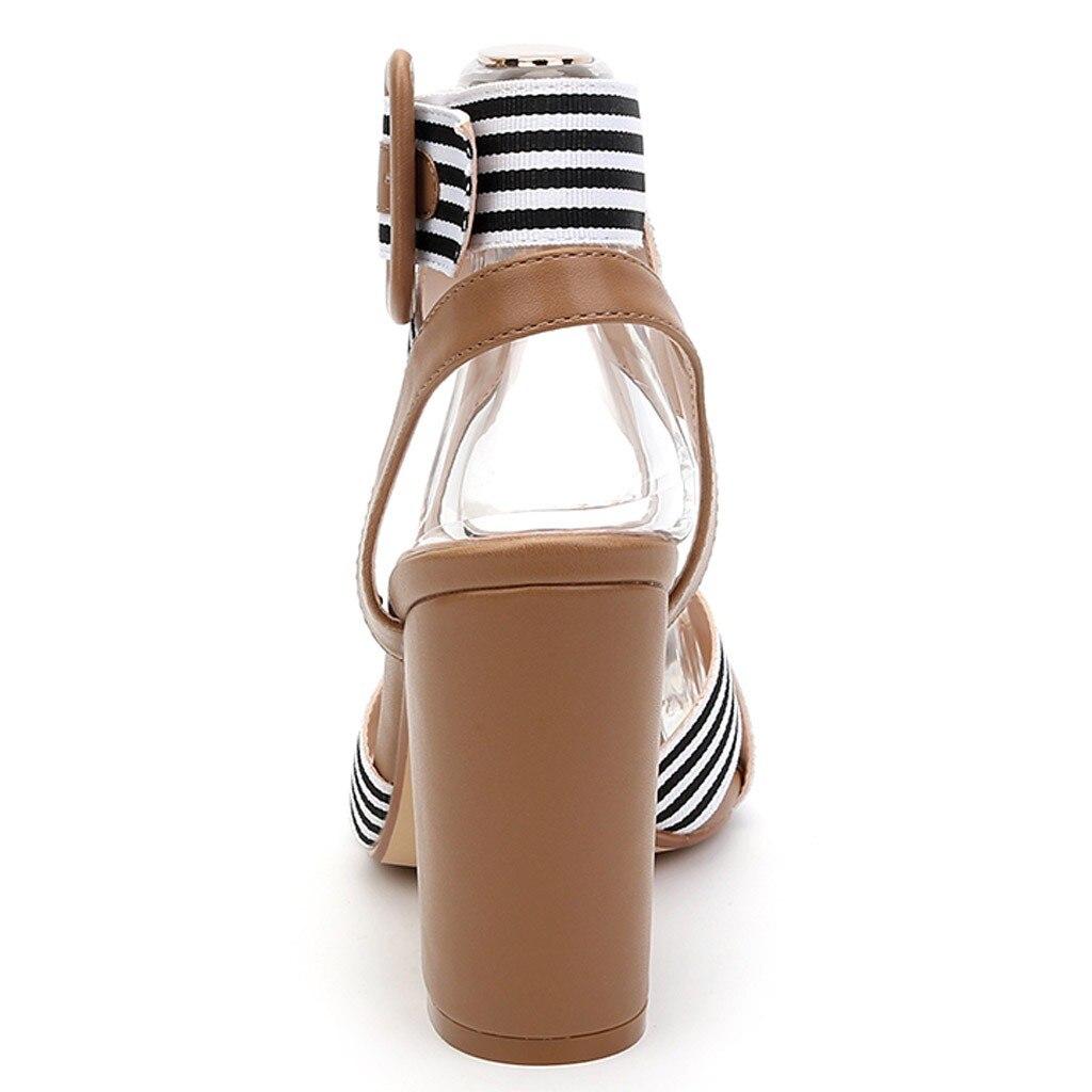 Summer Women's Sandals Super High Square Heels Women Shoes Stiletto Ankle Buckle Sandals striped Strap zapatos mujer#D
