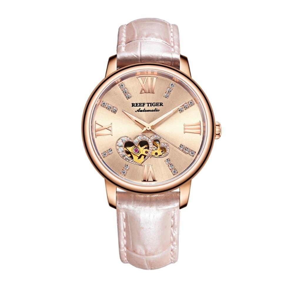 Reef Tiger RGA1580 Luxury Austria Crystal Hollow Out Dial Women Lady Automatic Meachanical Wrist Watch With Leather Strap - Gold
