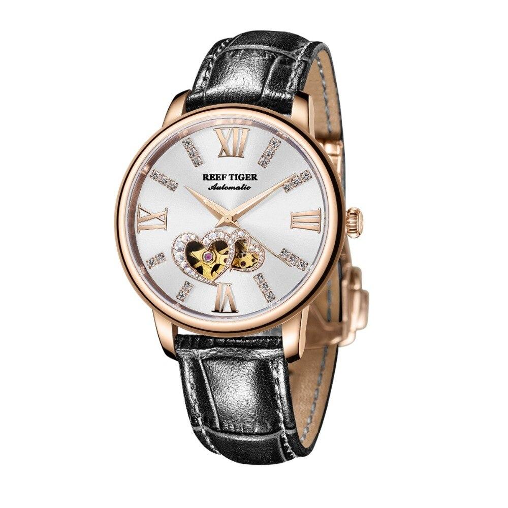 Reef Tiger RGA1580 Luxury Austria Crystal Hollow Out Dial Women Lady Automatic Meachanical Wrist Watch With Leather Strap - Gold