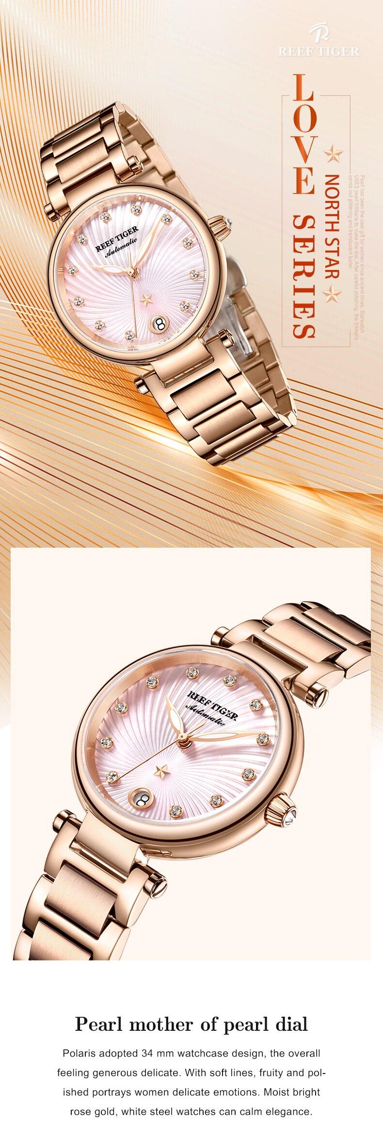 Reef Tiger/RT Luxury Brand Women Wrist Watch Rose Gold Blue Dial Automatic Watches Diamond Ladies Bracelet Watches RGA1590