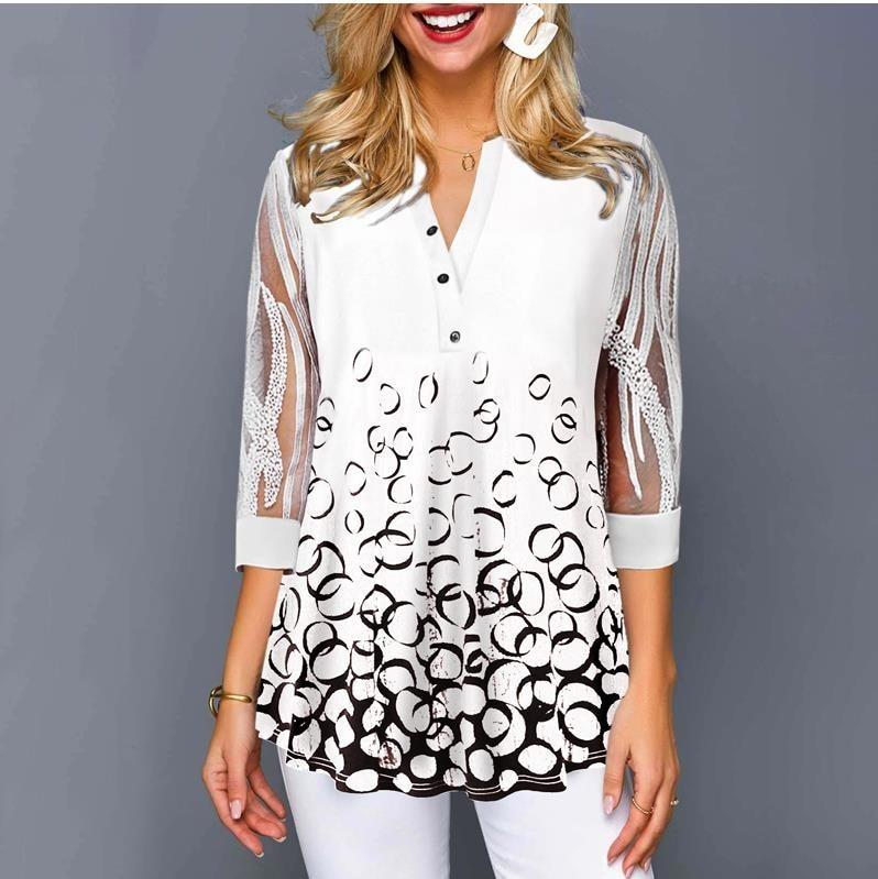 Plus Size 4xl 5XL Shirt Blouse Female 2020 Spring Summer New Tops V-neck Half Sleeve Lace Splice Print Boho Women shirt