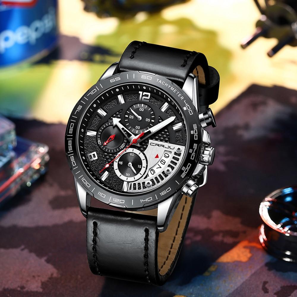 Mens Leather Strap Watch CRRJU Fashion Men's Watches Luxury Business Luminous Waterproof Quartz Watch Men Relogio Masculino
