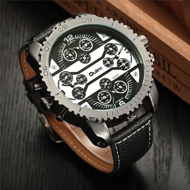 Oulm Four Time Zones Male Quartz Watch Super Big Dial PU Leather Sports Wristwatch Luxury Brand Men Military Watches relogio