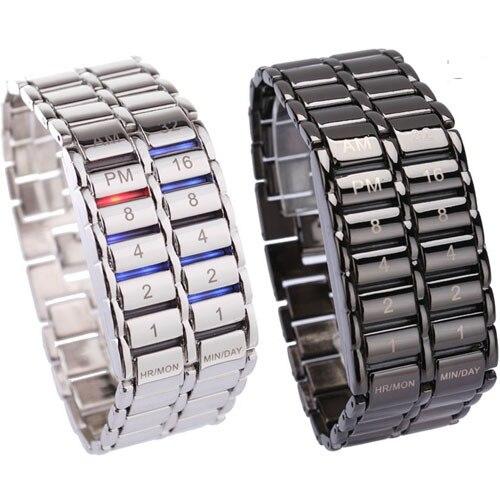New Fashion Digital Watch Cool Volcanic Lava Style Iron Faceless Binary LED Wrist Watches for Men Black / Silver
