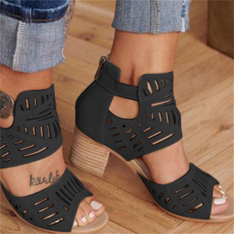 Vintage Hollow Out Sandals Mid Heel Summer Slip-on Buckle Ladies Shoes Artificial Open Toe Casual Wedding Pumps Women Sandalias