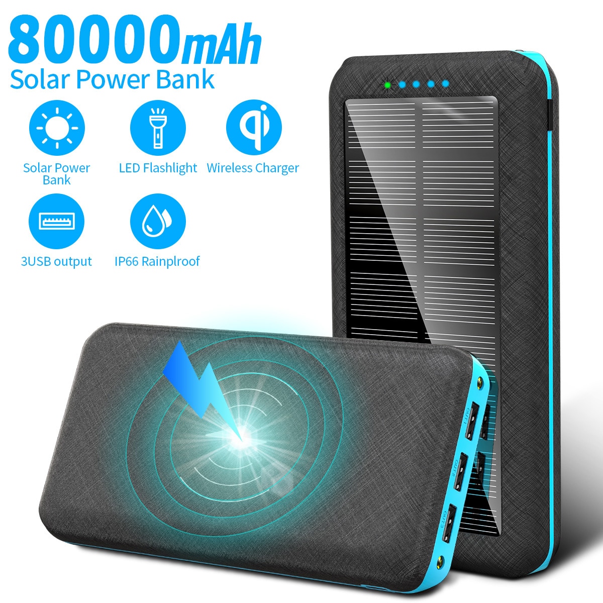 80000 MAH portable wireless fast charger, solar panel, LED light, three USB ports, suitable