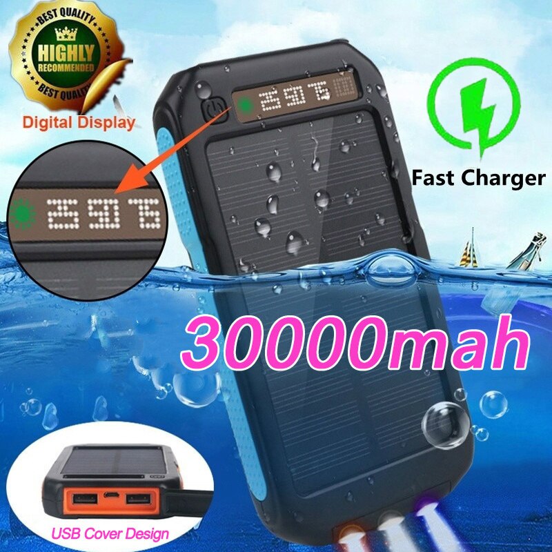 Solar bank 30000 MAH, waterproof backup battery, 2usb, emergency LED flashlight, portable mobile phone charger