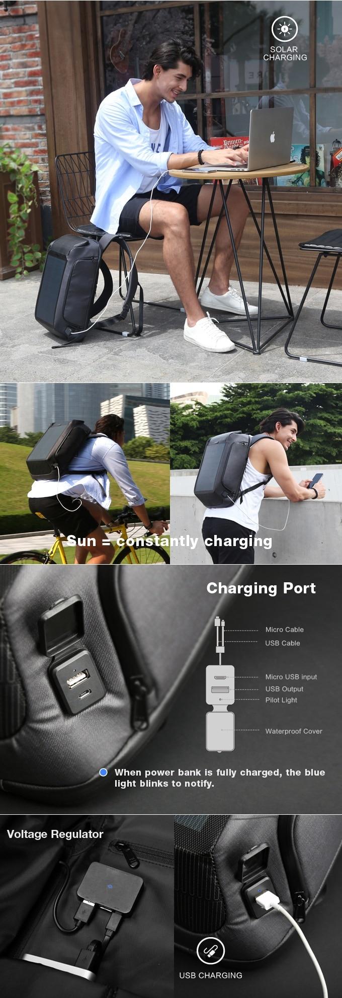 REJS LANGT Beam Backpack Men Solar Panel Charging Usb Backpack Fit 15.6 Inch Laptop Anti-Theft Travel Bag High Quailty Kingsons