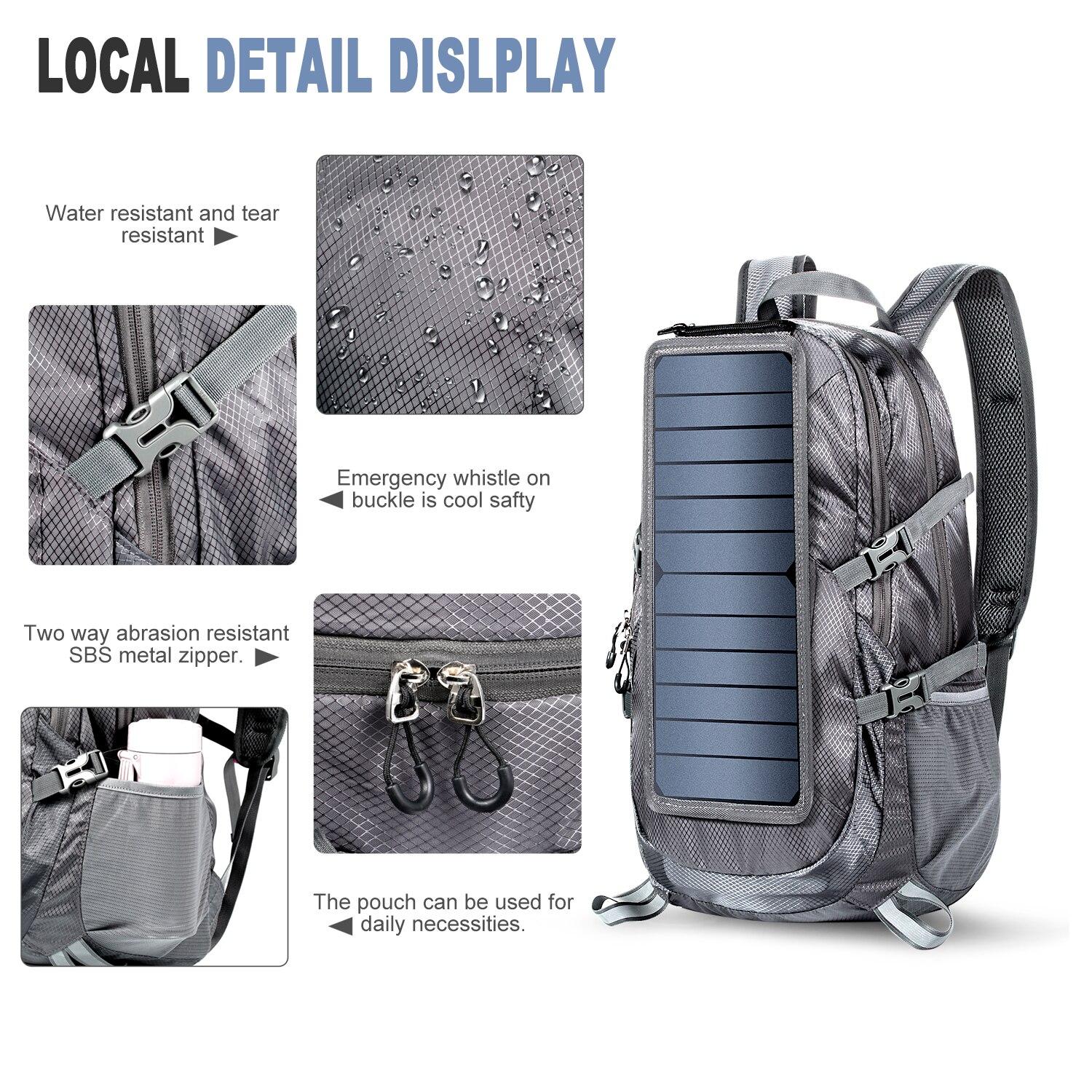 Solar Backpack Foldable Hiking Daypack With 5V Power Supply 6.5W Solar Panel Charge For Cell Phones
