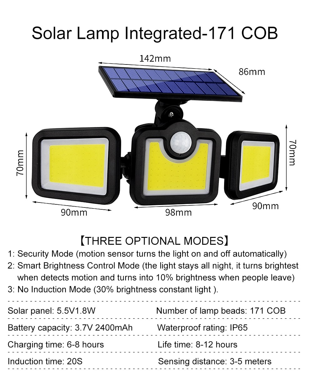 LED Solar Lamp Outdoor Waterproof 3 Heads Motion Sensor 270 Wide Angle Solar Powered Garland Led Solar Light for Outdoor Garden