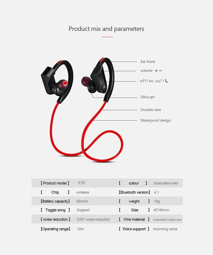 K98 Wireless Earphone Headphones,Sweatproof Sport Headset,Stereo Bass Earbuds With Microphone for Phone Bluetooth-compatible