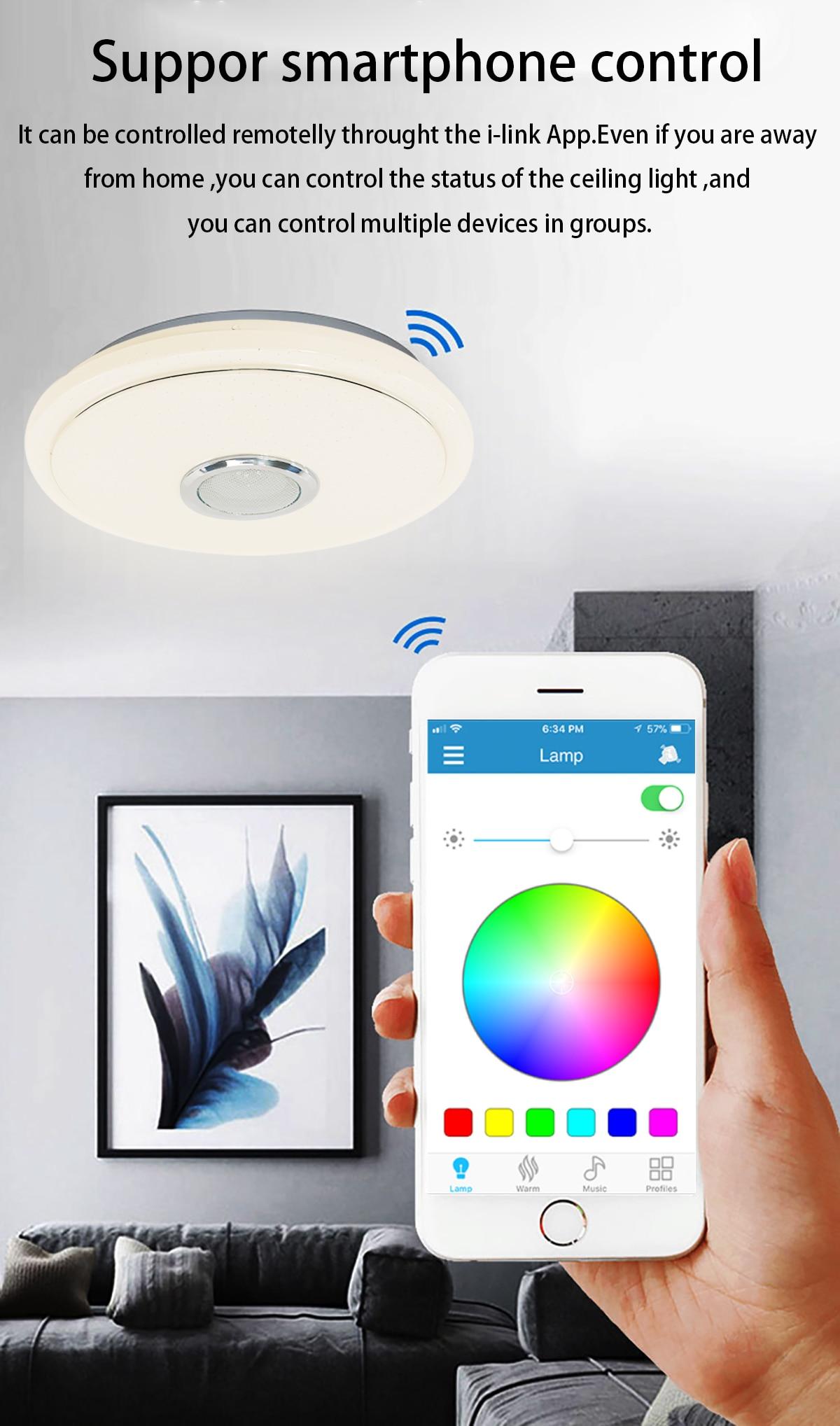 SONMEEN Modern LED Ceiling Lights Energy Saving 36W Dimmable Smart APP RemoteControl Bluetooth Music Speaker Lamp BT33-1