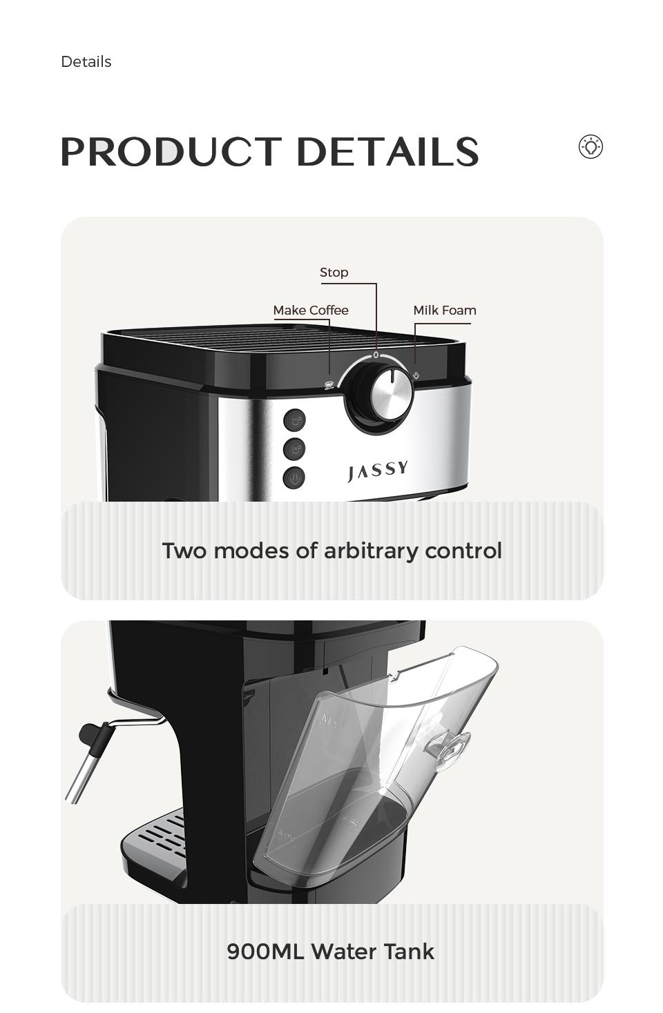JASSY Italian Type Coffee Machine 19 Bar Espresso Coffee Maker Machine with Milk Frother Wand For Espresso,Cappuccino Latte