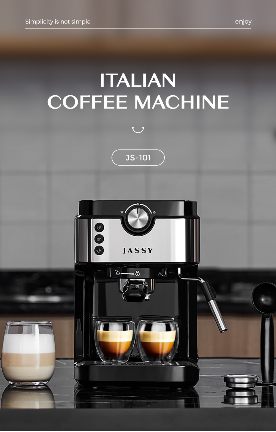 JASSY Italian Type Coffee Machine 19 Bar Espresso Coffee Maker Machine with Milk Frother Wand For Espresso,Cappuccino Latte