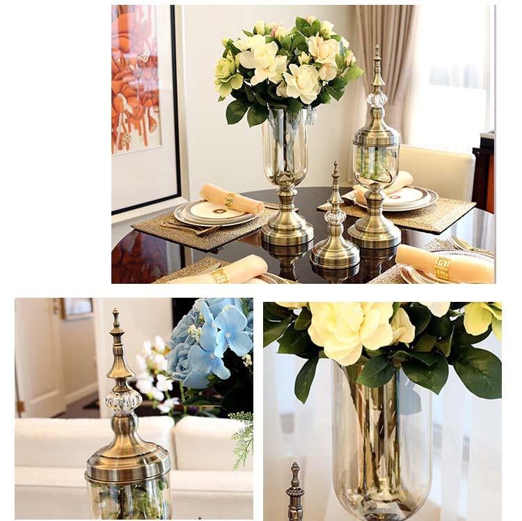 European Retro Glass Vase Metal Alloy Gold Vase Modern Table Creative Home Decorative Artificial Flower Bottle for Wedding