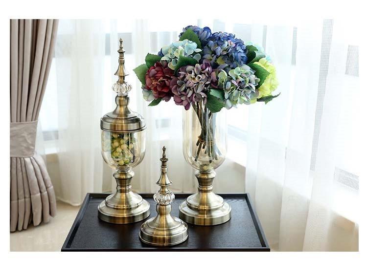European Retro Glass Vase Metal Alloy Gold Vase Modern Table Creative Home Decorative Artificial Flower Bottle for Wedding