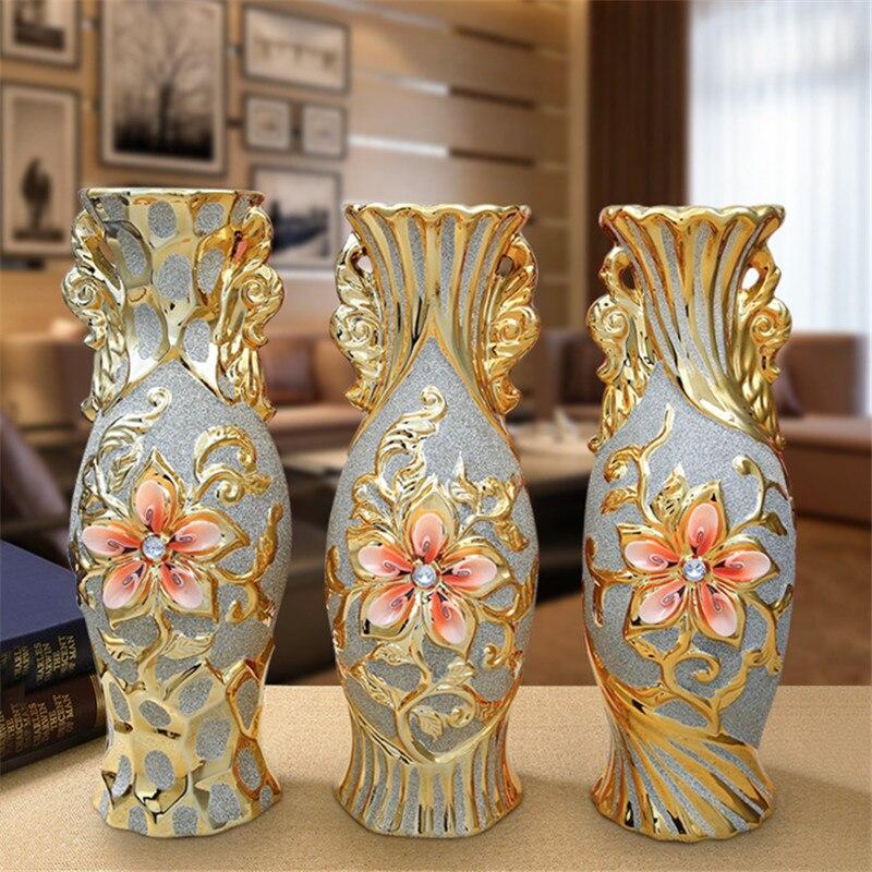 European Gold Plated Frost Porcelain Vase Vintage Advanced Ceramic Flower Vase Living Room Ornaments Home Wedding Decor Gift