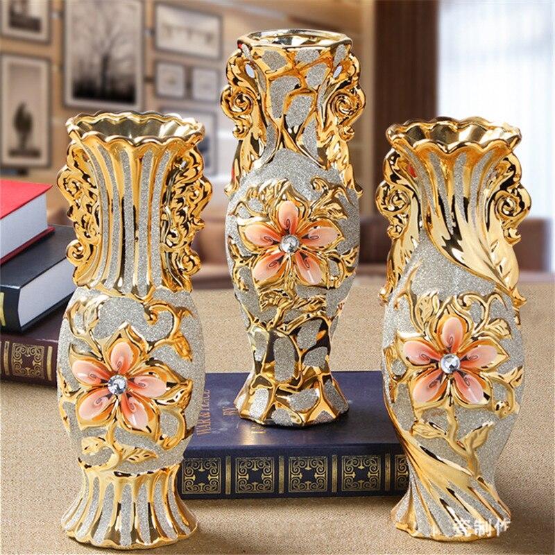 European Gold Plated Frost Porcelain Vase Vintage Advanced Ceramic Flower Vase Living Room Ornaments Home Wedding Decor Gift