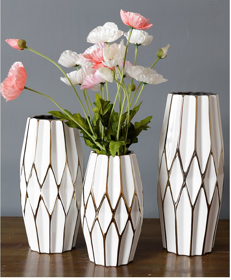 Creative Grid Gold Vase Flower Arrangement Hydroponic Living Room Decor Crafts Modern Ceramic Vase Home Decoration Holiday Gift