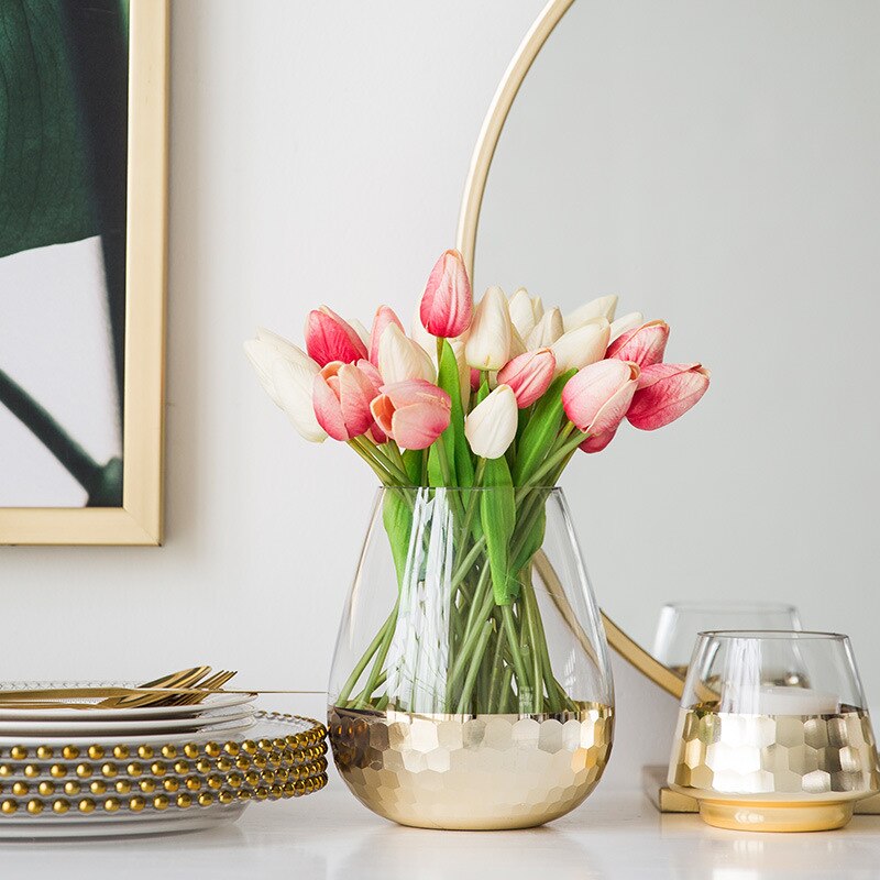 Creative Glass Vase Gilded Gold Base Dried Flower Flower Arrangement Vases Living Room Office Furnishings Home Decoration Modern