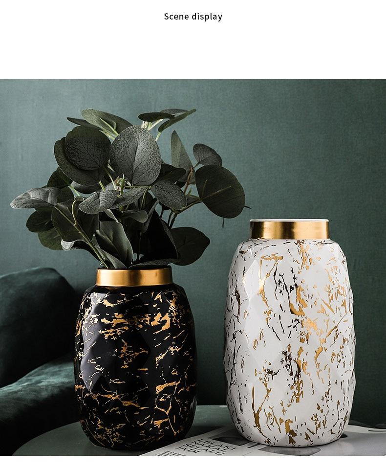 European Gilded Ceramic Vase Marble Pattern Countertop Living Room Furnishings Flower Arrangement Fresh Flowers Hydroponic Vase