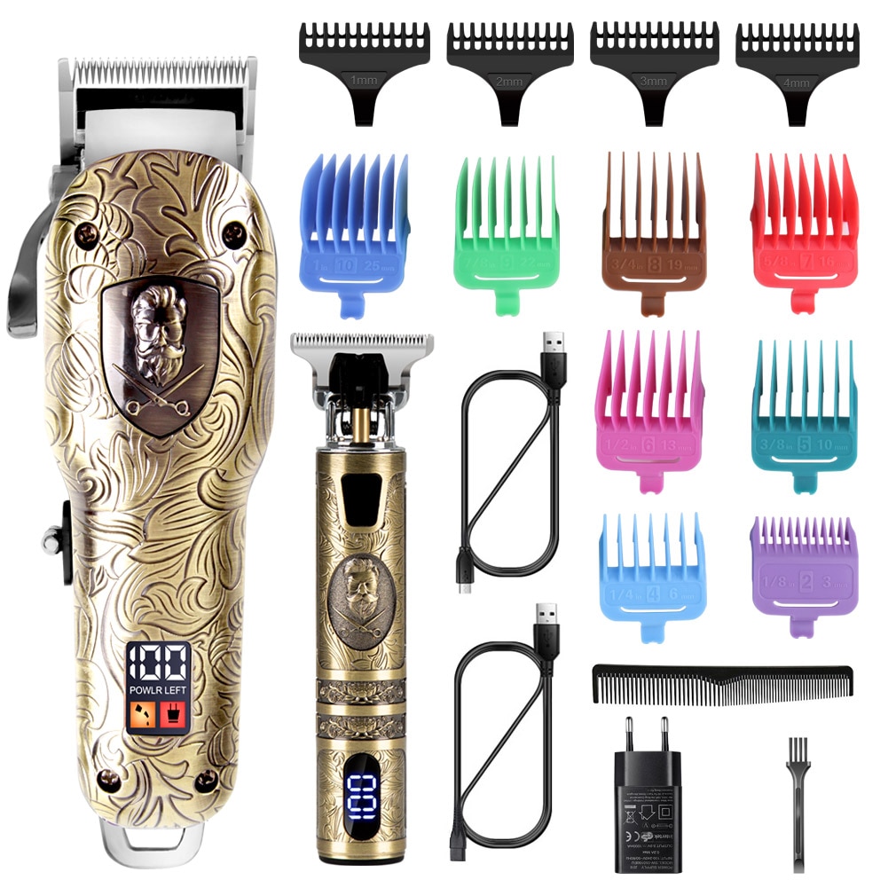 Professional Mens Hair Clippers Electric Cordless T-blade Hair Trimmer Barbershop Hair Cutting Kit 2 in 1
