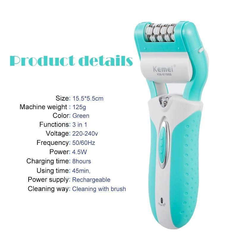 Kemei Electric Epilator 3 in 1 Rechargeable Lady Depilador Callus Remover Hair Shaver Foot Care Tool Electric Hair Removal