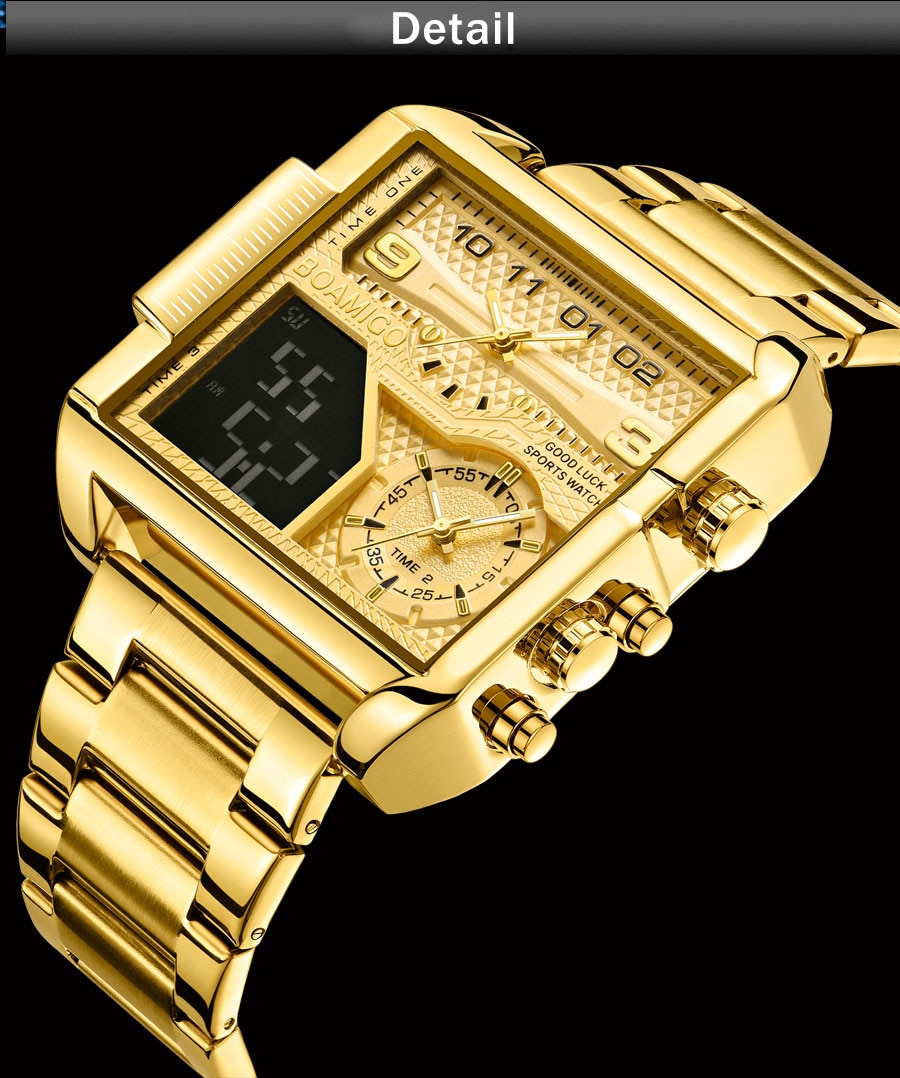 BOAMIGO 2021 New Top Brand Luxury Fashion Men Watches Gold Stainless Steel Sport Square Digital Analog Big Quartz Watch for Man