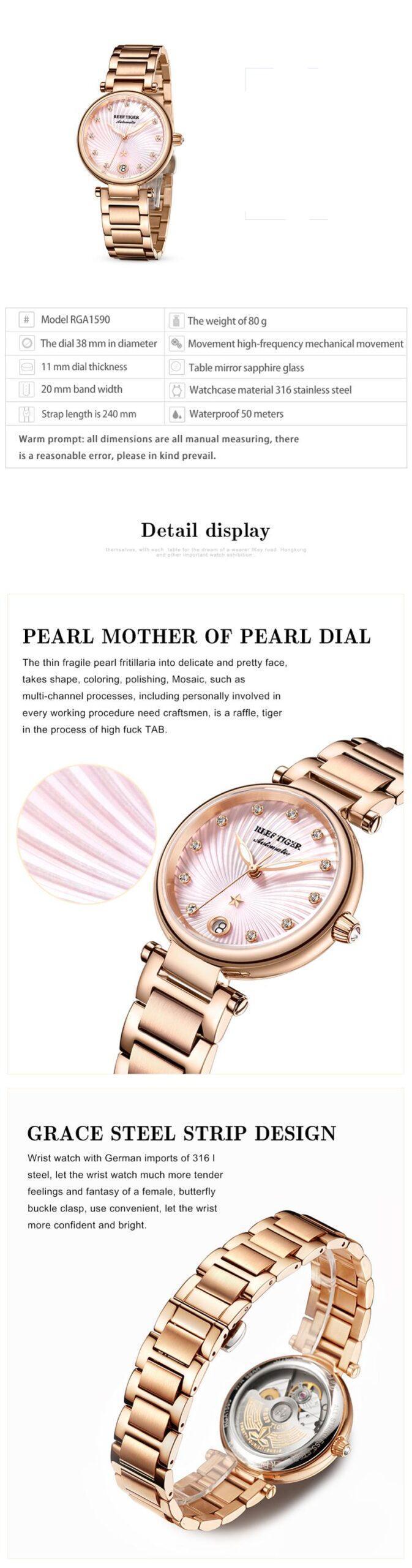 Reef Tiger/RT Luxury Brand Women Wrist Watch Rose Gold Blue Dial Automatic Watches Diamond Ladies Bracelet Watches RGA1590