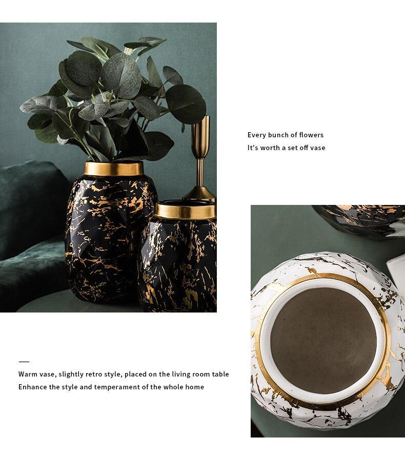 European Gilded Ceramic Vase Marble Pattern Countertop Living Room Furnishings Flower Arrangement Fresh Flowers Hydroponic Vase
