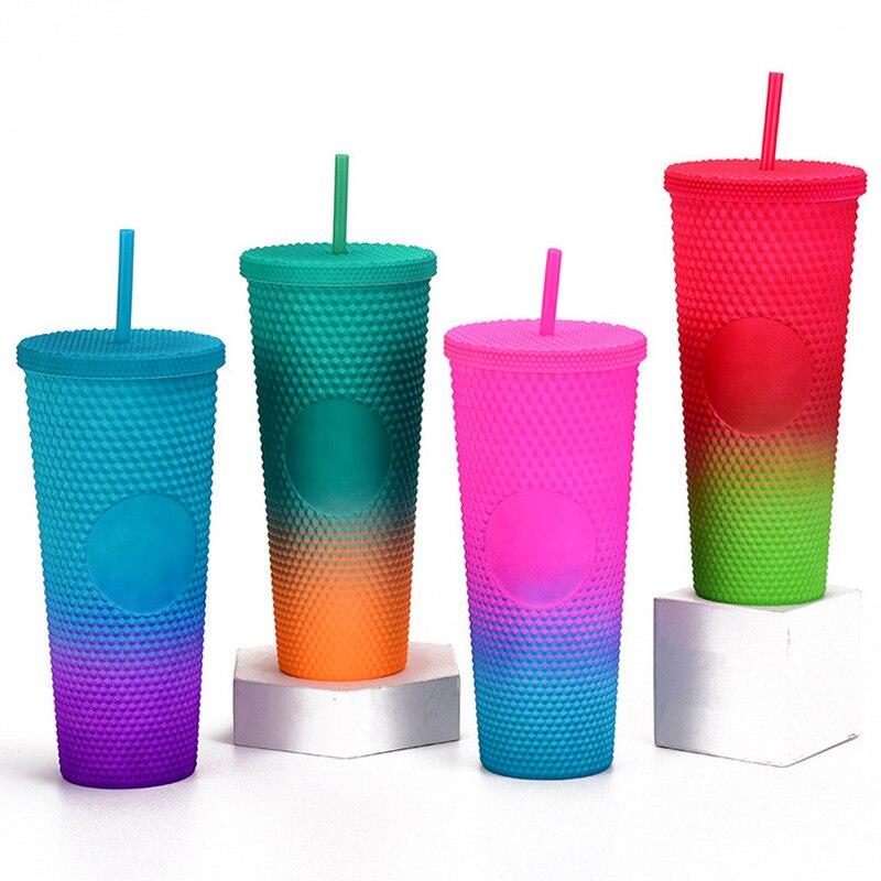 1pcs Diamond Ray Goddess Cup 710ml Summer Cold Water Cup Tumbler with Straw Double Layer Plastic Durian Coffee Cup