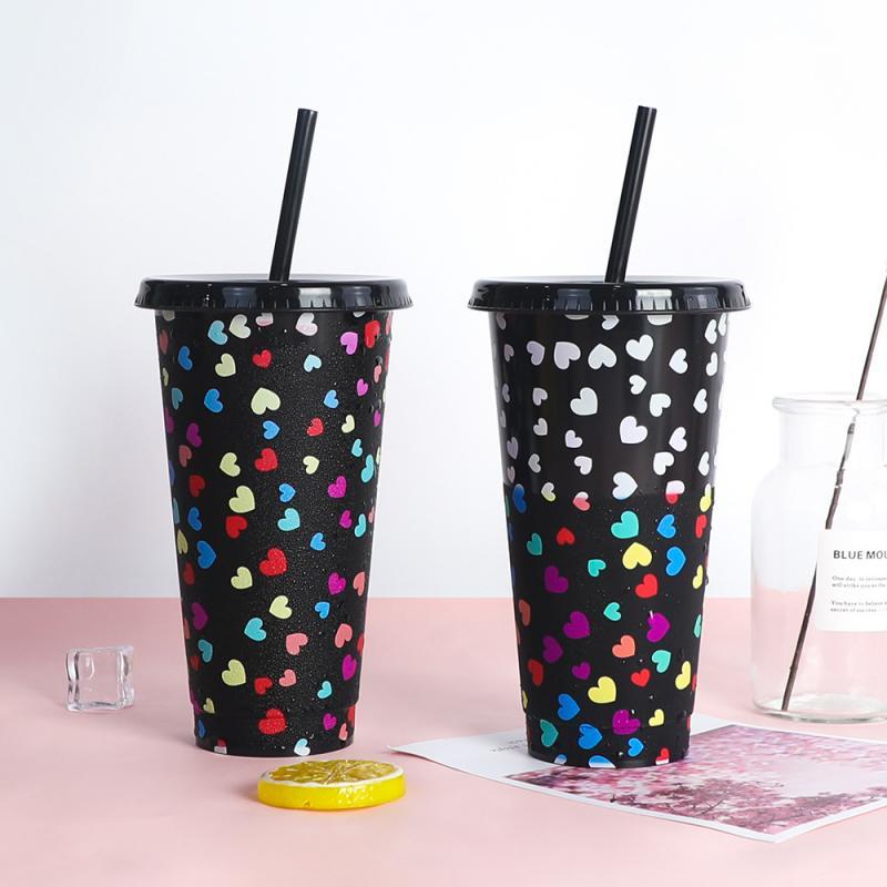 5PCS Christmas Color Changing Coffee Cup With Lid Straw Reusable Straw Cup Plastic Tumbler Water Bottle Christmas Gifts 710ml