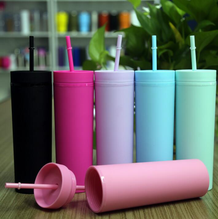 16oz Acrylic Skinny Tumblers Matte Colors Double Wall 500ml Tumbler Coffee Drinking Plastic Sippy Cup With Lid Straws