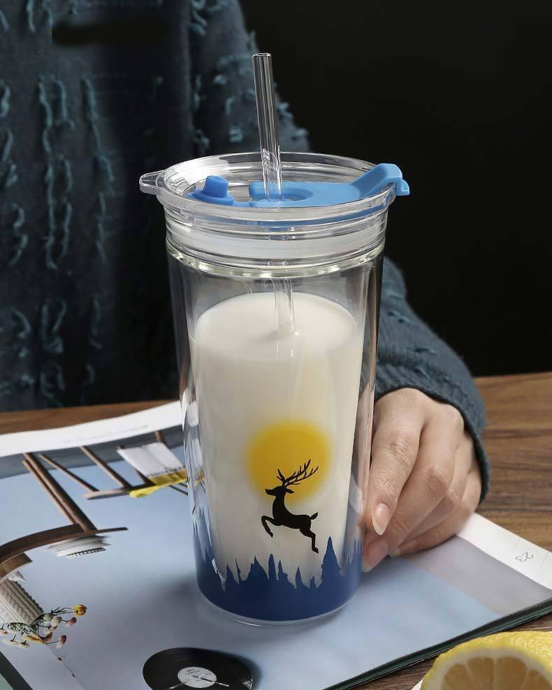 High-end Creative Cartoon Straw Double-layered Glass Cup Cute Household Milk Straw Cup with Lid Reusable Cup Cold Tumbler Cup