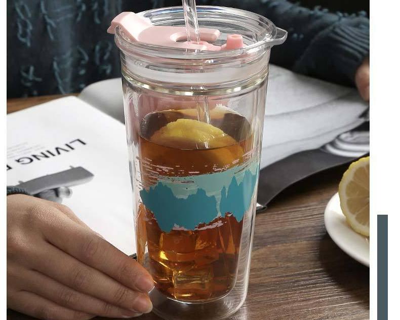 High-end Creative Cartoon Straw Double-layered Glass Cup Cute Household Milk Straw Cup with Lid Reusable Cup Cold Tumbler Cup