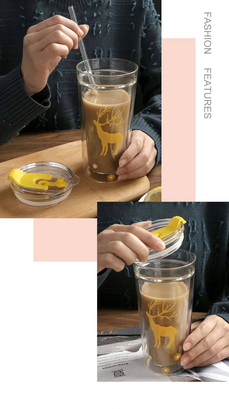 High-end Creative Cartoon Straw Double-layered Glass Cup Cute Household Milk Straw Cup with Lid Reusable Cup Cold Tumbler Cup