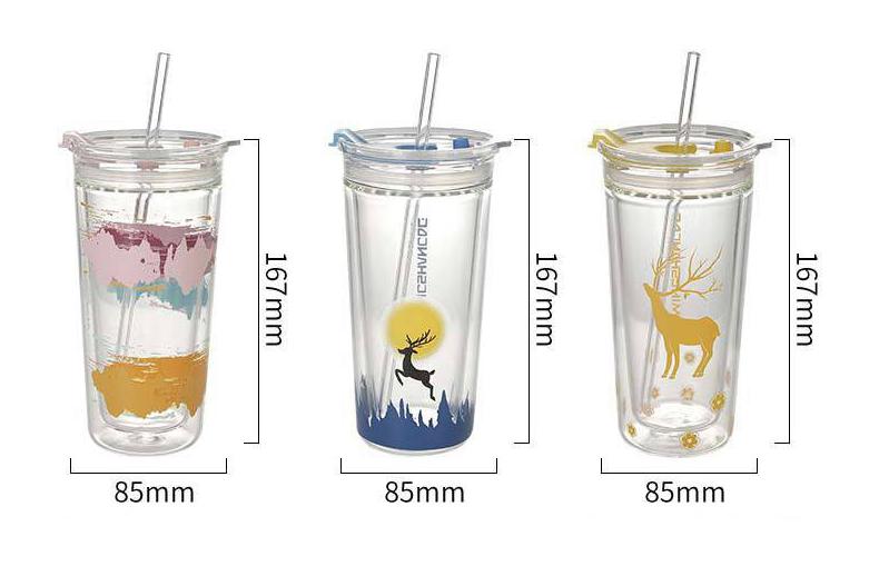 High-end Creative Cartoon Straw Double-layered Glass Cup Cute Household Milk Straw Cup with Lid Reusable Cup Cold Tumbler Cup